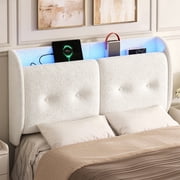 Pinmoco Queen Upholstered Headboard with Storage & Charging Station, LED Wingback Adjustable Headboard, Teddy Fabric Headboard Only, White