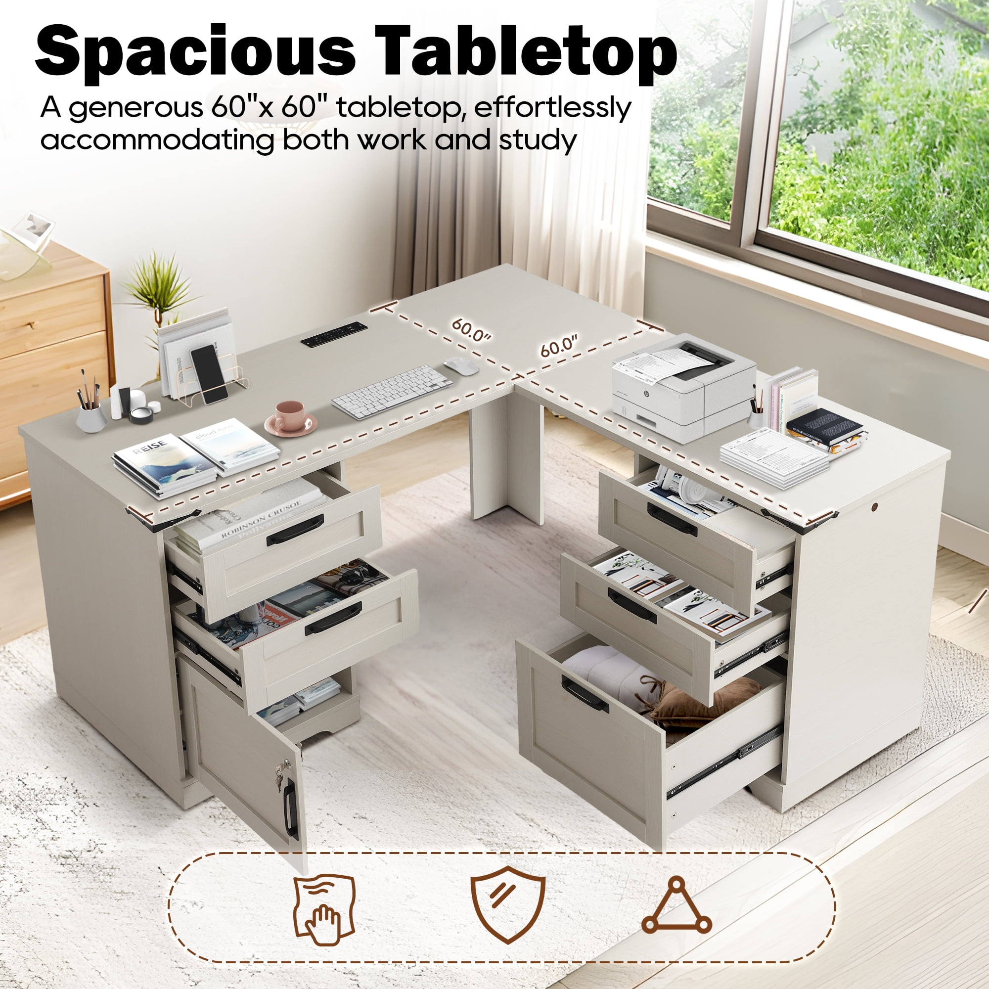 Magic Union L Shaped Executive Desk with Drawers, Home Office Desks with Charging Station, File Drawer, Lockable Adjustable Storage Cabinet, Large Corner Computer Table for Work And Study