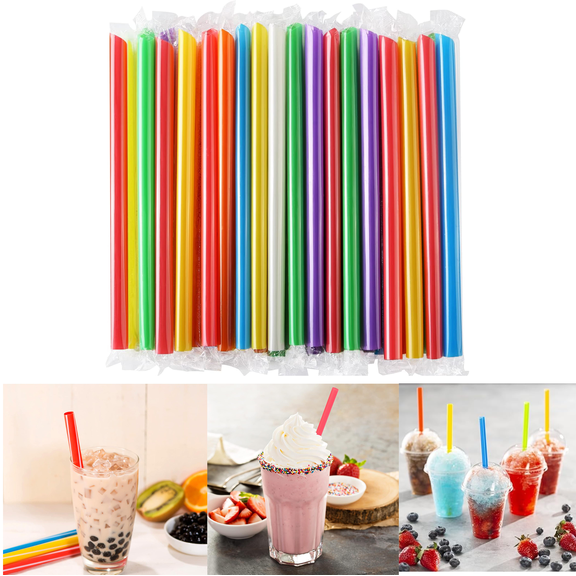 100 Count Individually Wrapped Disposable Plastic Drinking Straws Large Wide Thick Boba Straws for Bubble Tea Smoothies Milkshakes