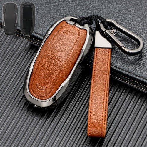 Car Key Fob Cover Case Protector Zinc Alloy Leather Car Smart Remote Key Fob Case Cover Bag For Tesla Model S 3