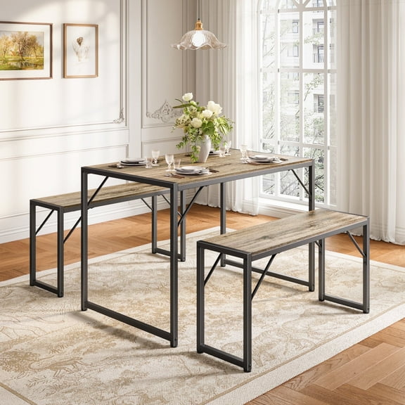 Asofer 45.5" Small Kitchen Table with 2 Bench, Dining Room Table Set, Coffee Table, Shoe Bench, Gray