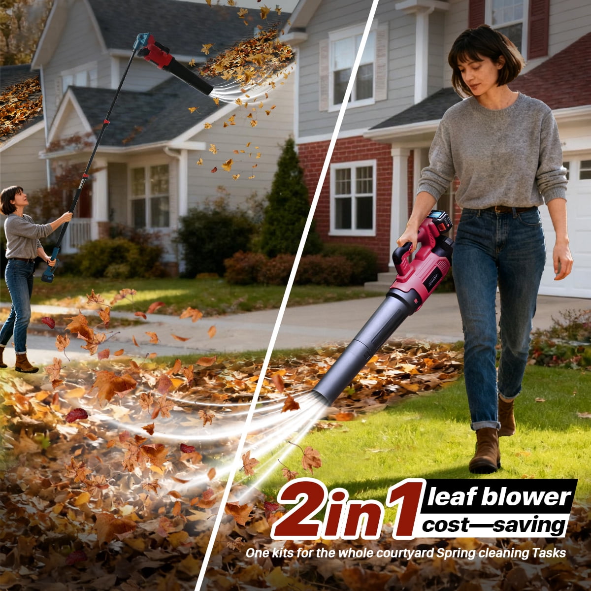 The JOVANT 2-in-1 cordless pole leaf blower extends up to 15.3 feet, with an airflow of 615 CFM and 6 speed settings. It includes two 4.0Ah batteries and a charger. Suitable for clearing leaves, roof