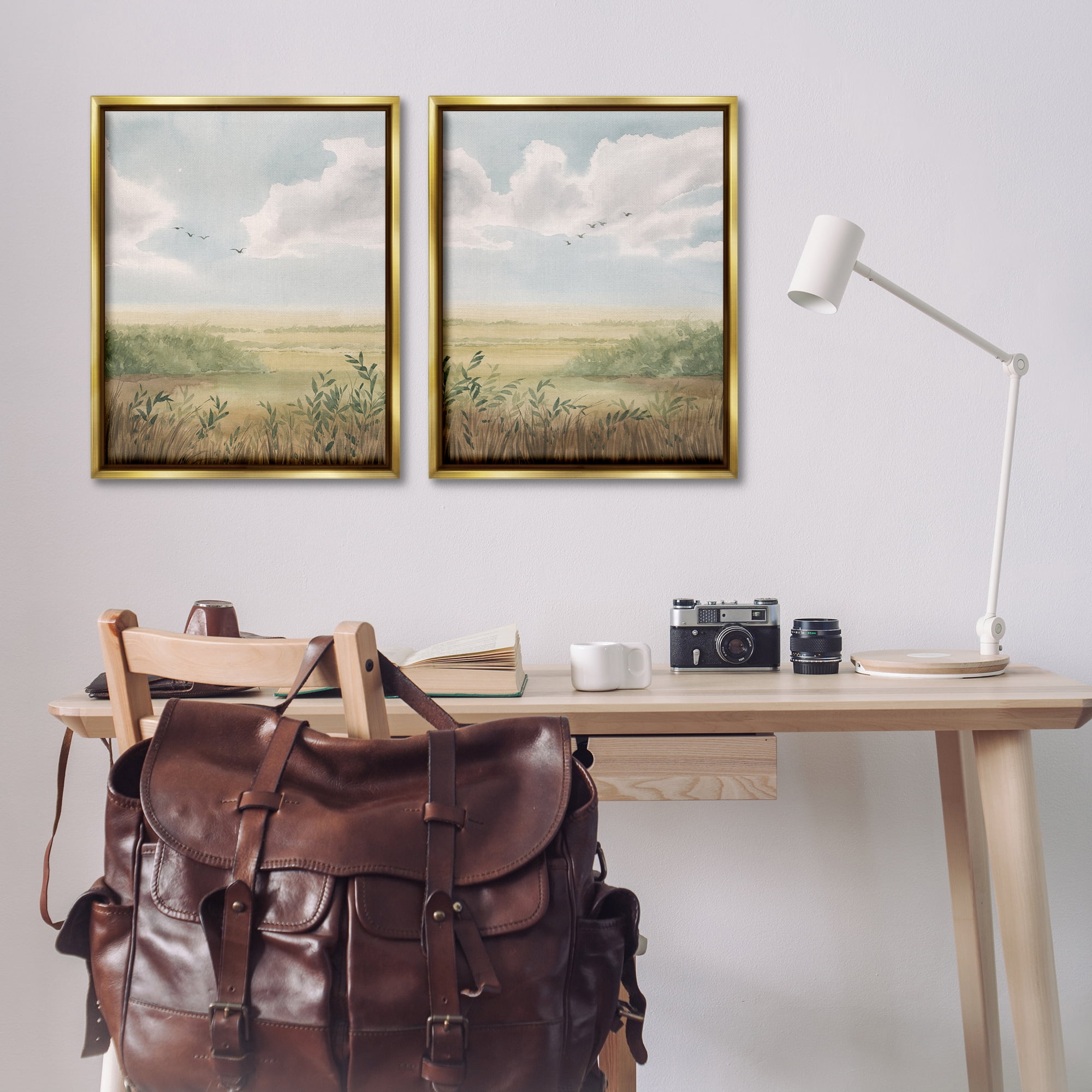Stupell Industries Birds over Country Pastures Landscape & Nature Painting Gold Floater Framed Canvas Art Print Wall Art, 31 x 25, Set of 2