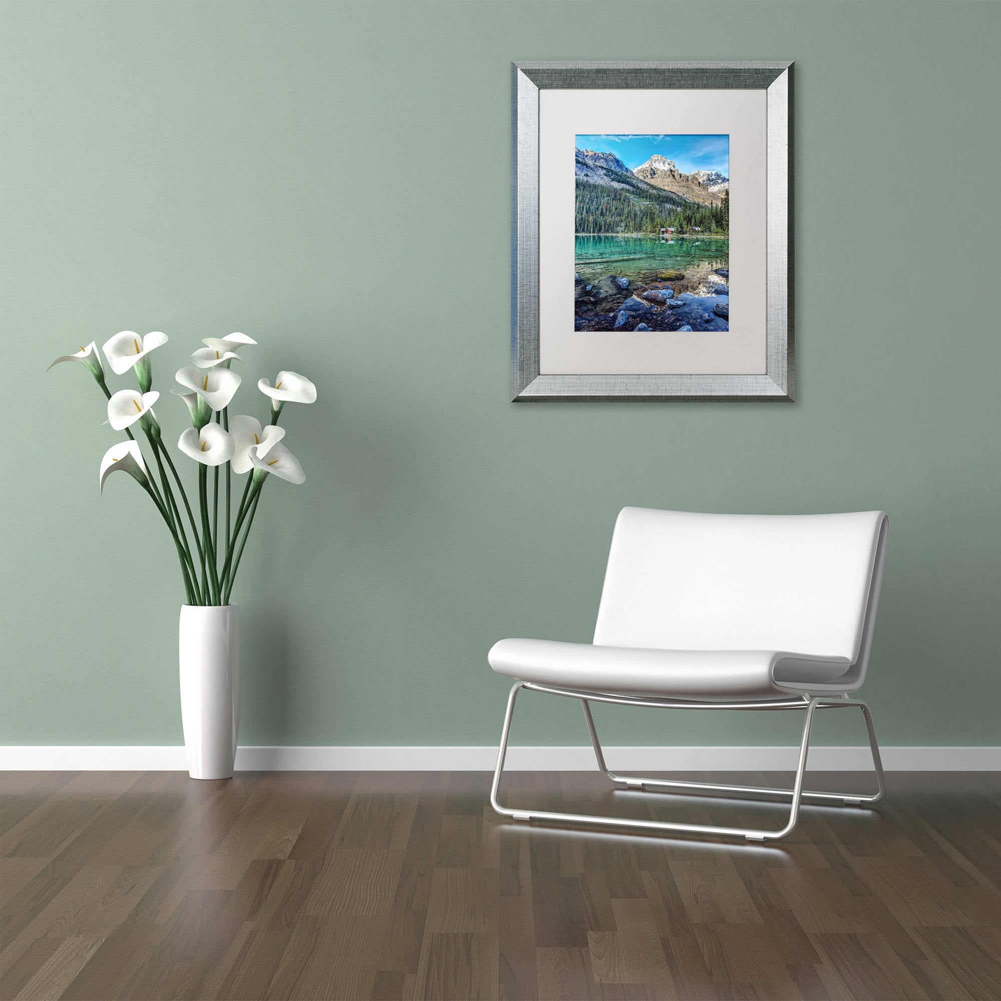 Trademark Fine Art 'Mount Huber Reflection' Canvas Art by Pierre Leclerc, White Matte, Silver Frame