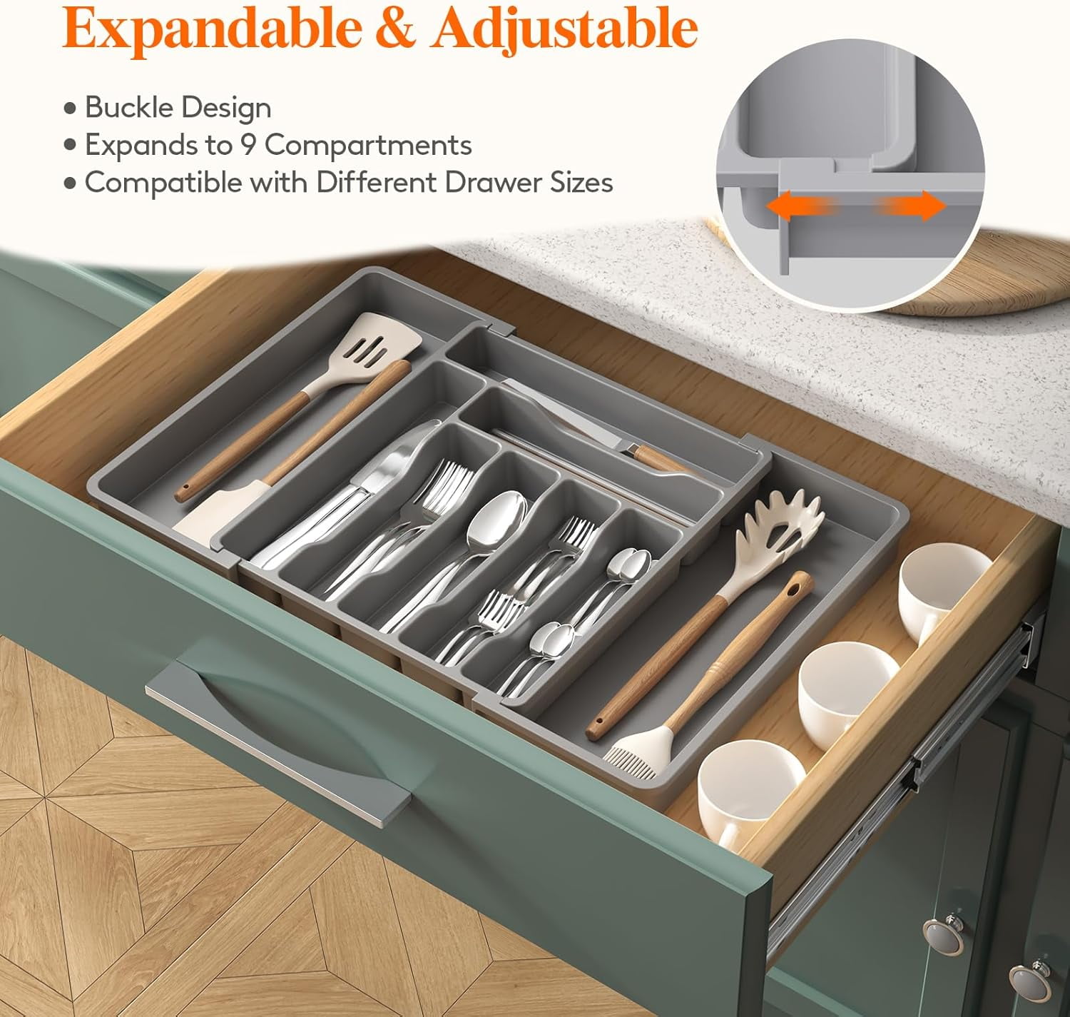 Expandable Utensil Organizer ,Silverware Drawer Organizer for Kitchen Drawers, Adjustable Cutlery and Flatware Tray, Plastic Spoons Forks Knives Holder Storage Dividers, Large, Gray