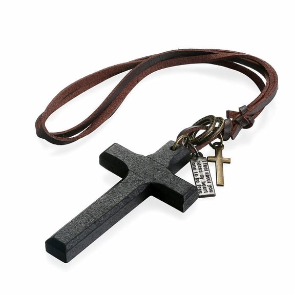Vintage Wooden Cross Pendant Leather Rope Necklace Adjustable for Men Women