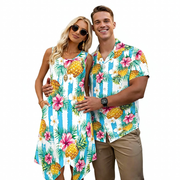 KUIFORTI Tropical Flowers Matching Couple Outfits Mens Casual Shirts Hawaii Dress Quick-dry Men Shirts with Soft Fabric Soft and Comfortable Fit for Outdoor Picnic Breathable