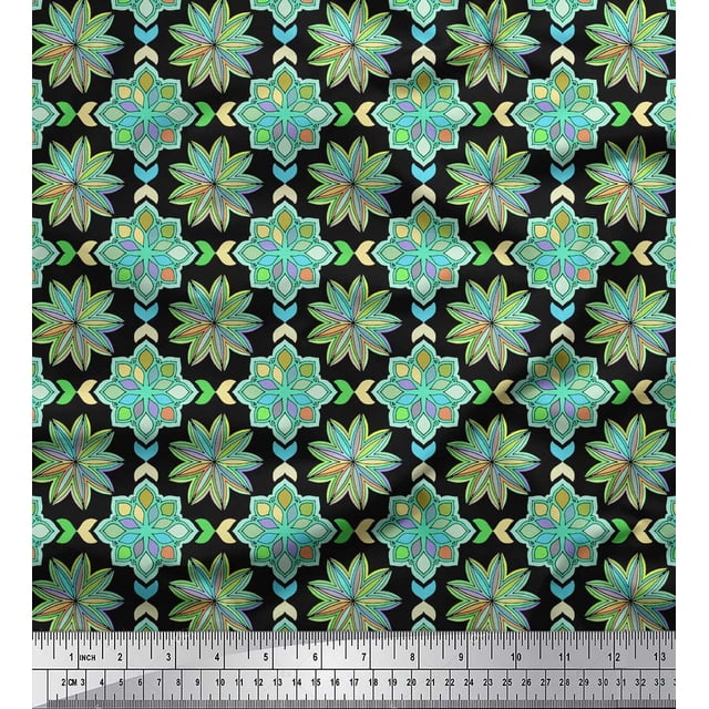 Soimoi Black polyester Crepe Fabric Multicolor Mandala Printed Fabric 1 Yard 42 Inch Wide