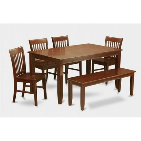 Long Back Chair - East West Furniture DUNO6D-MAH-W 6PC Set Rectangular Table and 4 Wood Seat Slat Back Chairs and 52-in Long Bench