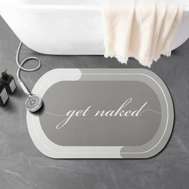 Funny Get Naked Bath Mat 17"x27" Super Water Absorbent Quick Dry Rubber Backed Washable Fun Bathroom Rugs Non Slip Bath Rugs Mats for Shower Oval Grey Bathroom Rug
