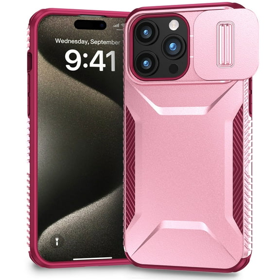 for iPhone 13 Pro Case with Sliding Camera Lens Cover, Shockproof Rugged Hard PC Back & TPU Edge Military Grade Dual-Layers Protection Non-Slip Phone Case for iPhone 13 Pro, Pink