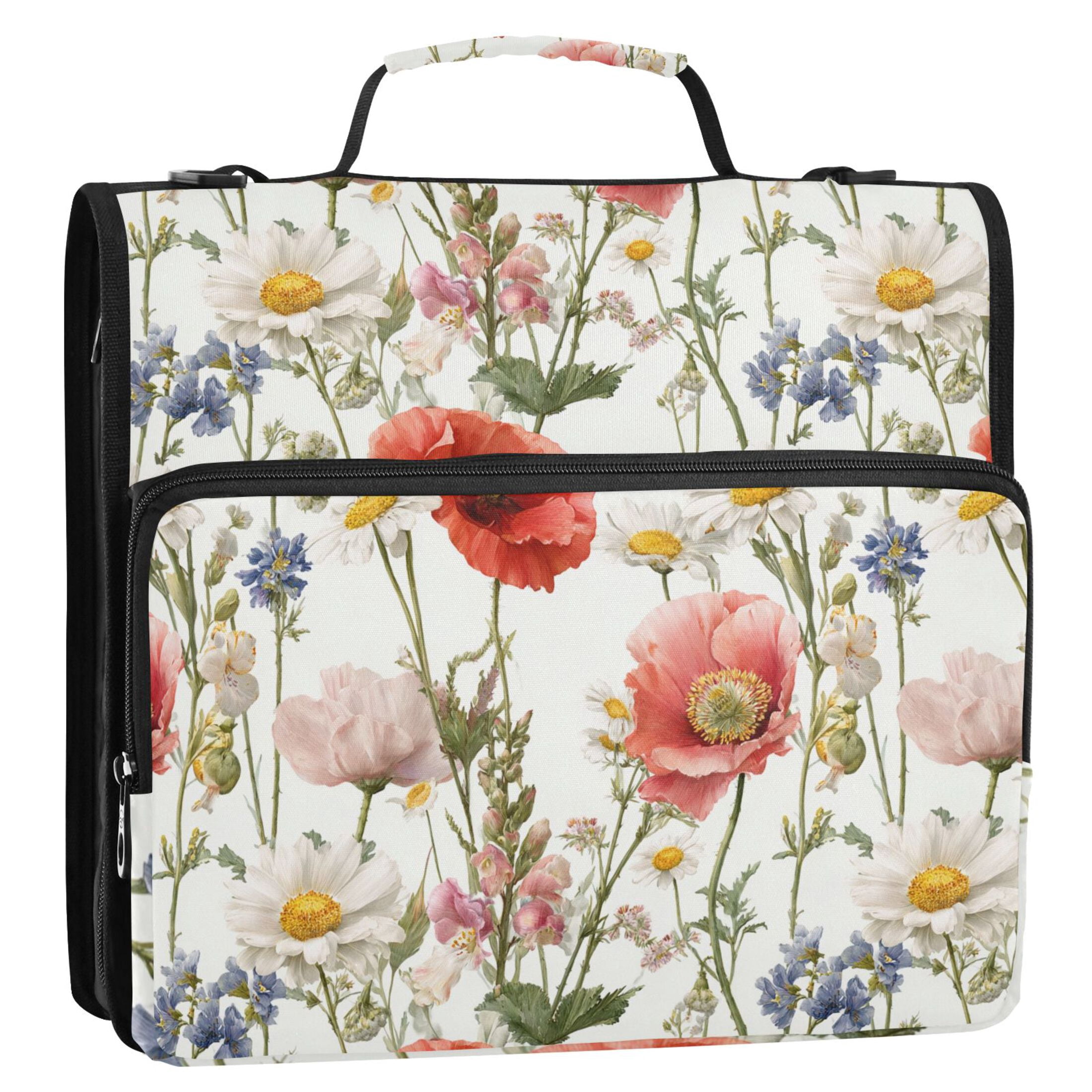 Zipper Binder Wildflowers in Natural Meadow 1.5 Inch Binder Folder Bag with Shoulder Strap and Handle