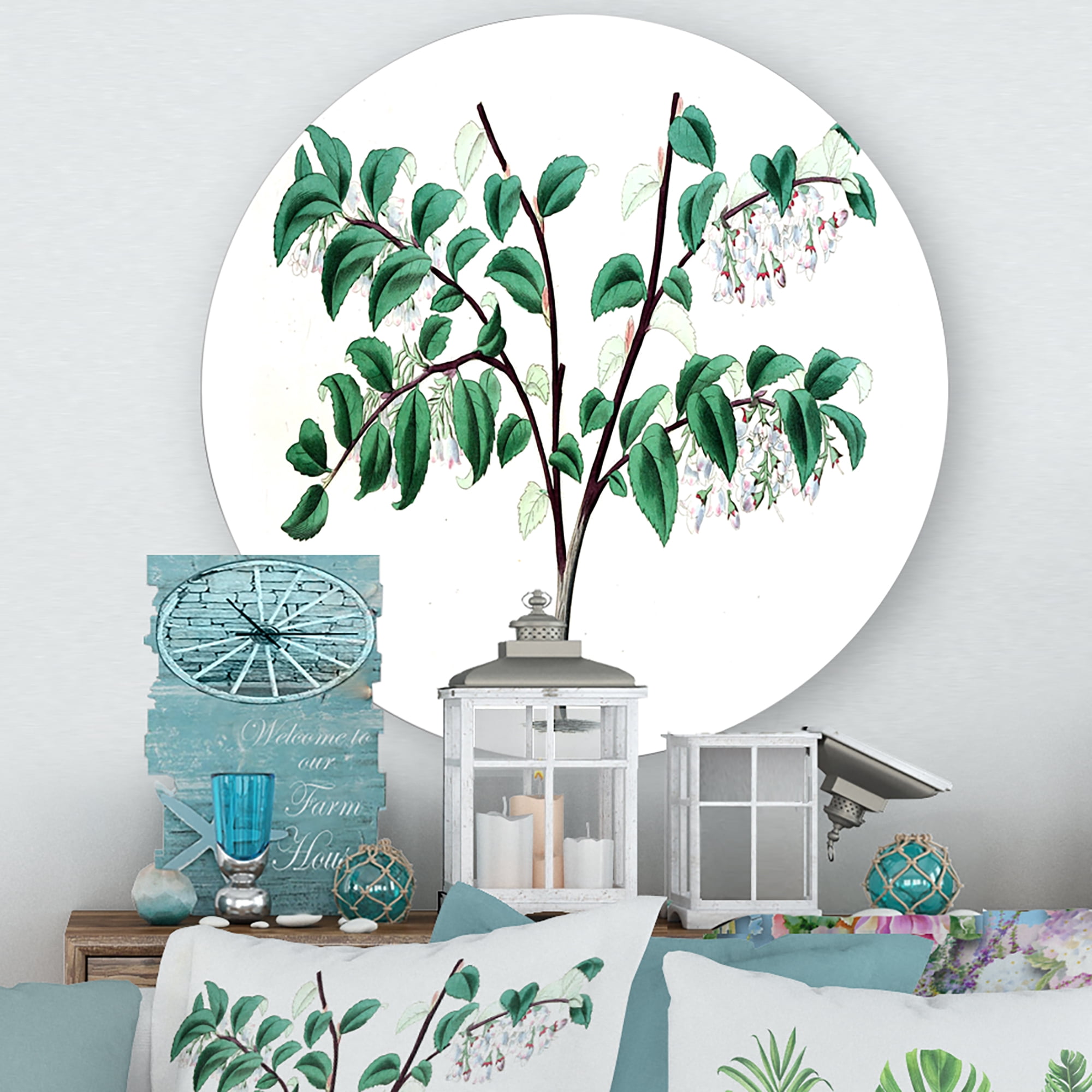 Designart 'Ancient Green Leaves Plants I' Traditional Circle Metal Wall Art 23x23 - Disc of 23