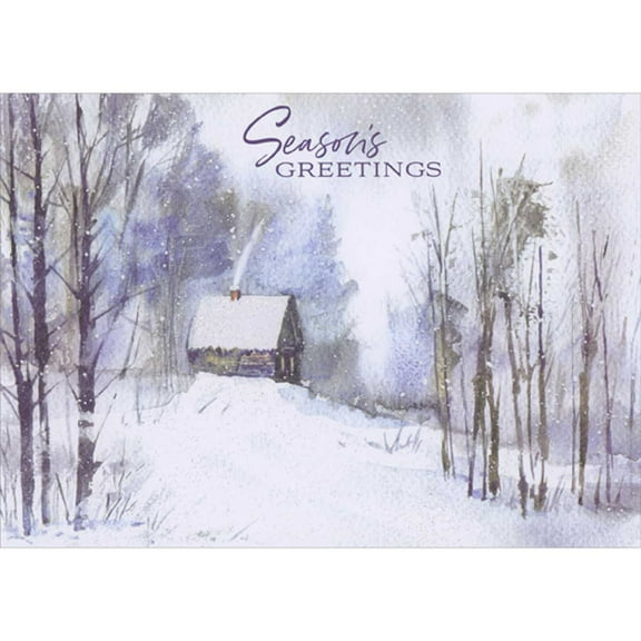 Designer Greetings Season's Greetings Watercolor Snow Covered Cabin in Tree Lined Clearing Box of 15 Christmas Cards