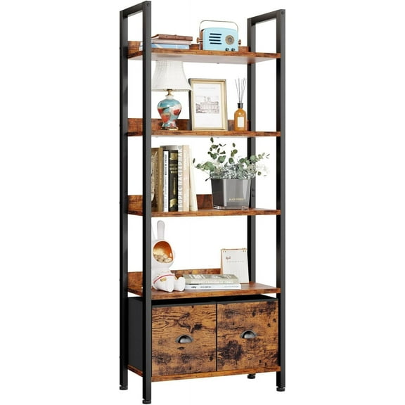 5-Tier Bookshelf, Tall Bookcase with 2 Storage Drawers, Adjustable Industrial Display Standing Shelf Units, Wood and Metal Storage Rack for Living Room, Bedroom, Home Office Rustic Brown