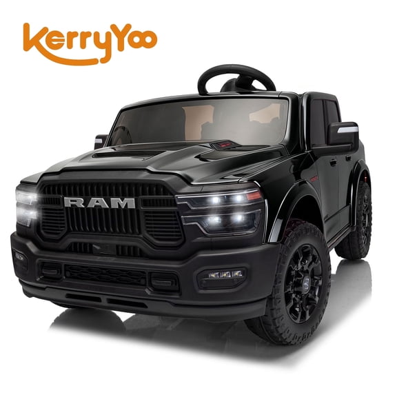 Kerry Yoo SQ7 Ride on Toys Car, 24V RAM Truck Electric Vehicle for Kids, Pickup Truck, 2 Seater, Bed Storage, Remote Control, Safety Belt, Music- Black
