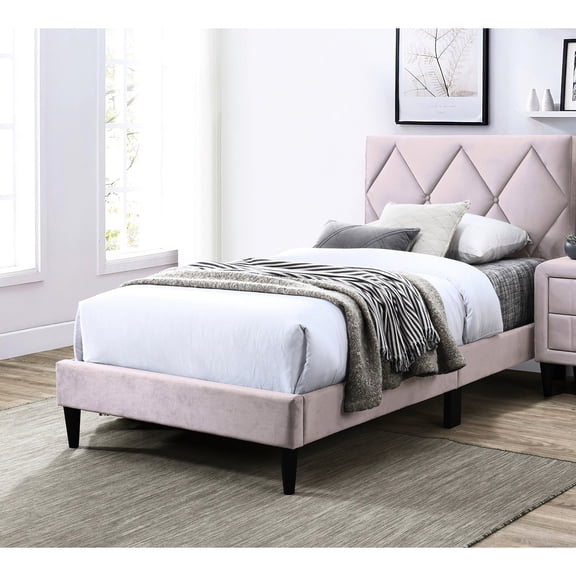 Light pink velvet upholstered - Diamond tufted headboard - Youth bedroom space - Personalized rest area