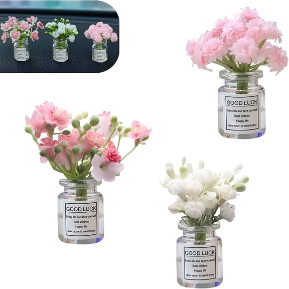 LADYGYM 2026 New 3 Pcs Mini Flower Car Dashboard Decor,Cute Daisy Cherry Blossom Jasmine Vase Ornaments,Universal Rear View Mirror Dashboard Interior Accessories(Multicolored)