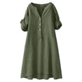 thumbnail image 2 of ClodeEU Women's Linen Blend V Neck Short Sleeve Half Button Midi Dress with Pockets ,Solid Color Casual Summer Dress Army Green,Women's Plus XXXL, 2 of 6