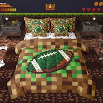 Homewish Cartoon Brown Plaid Twin Bedding Sets 7-Piece, Vintage Game Abstract Bedding Comforter Set, Rugby Soccer Print Reversible Sheet Sets, Breathable Home Decor