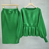 Wancir Long Sleeve Two Piece Skirt Sets Women Outfits Casual Ribbed Knit Wrap Hip Half-body Skirt