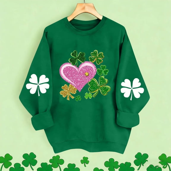 St. Patrick's Day Sweatshirt for Women Glitter Shamrocks Heart Graphic Crewneck Long Sleeve Loose Fit Soft Festival Apparel Holiday Party Gift