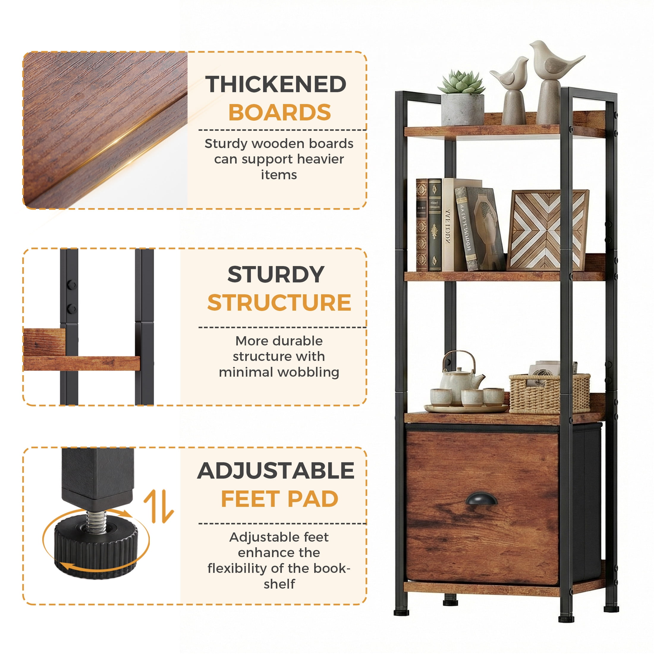 EDX 4 Tier Bookshelf with Drawer, 43''Tall Narrow Bookcase with Shelves, Industrial Display Standing Shelf Unit for Bedroom, Living Room, Rustic Brown