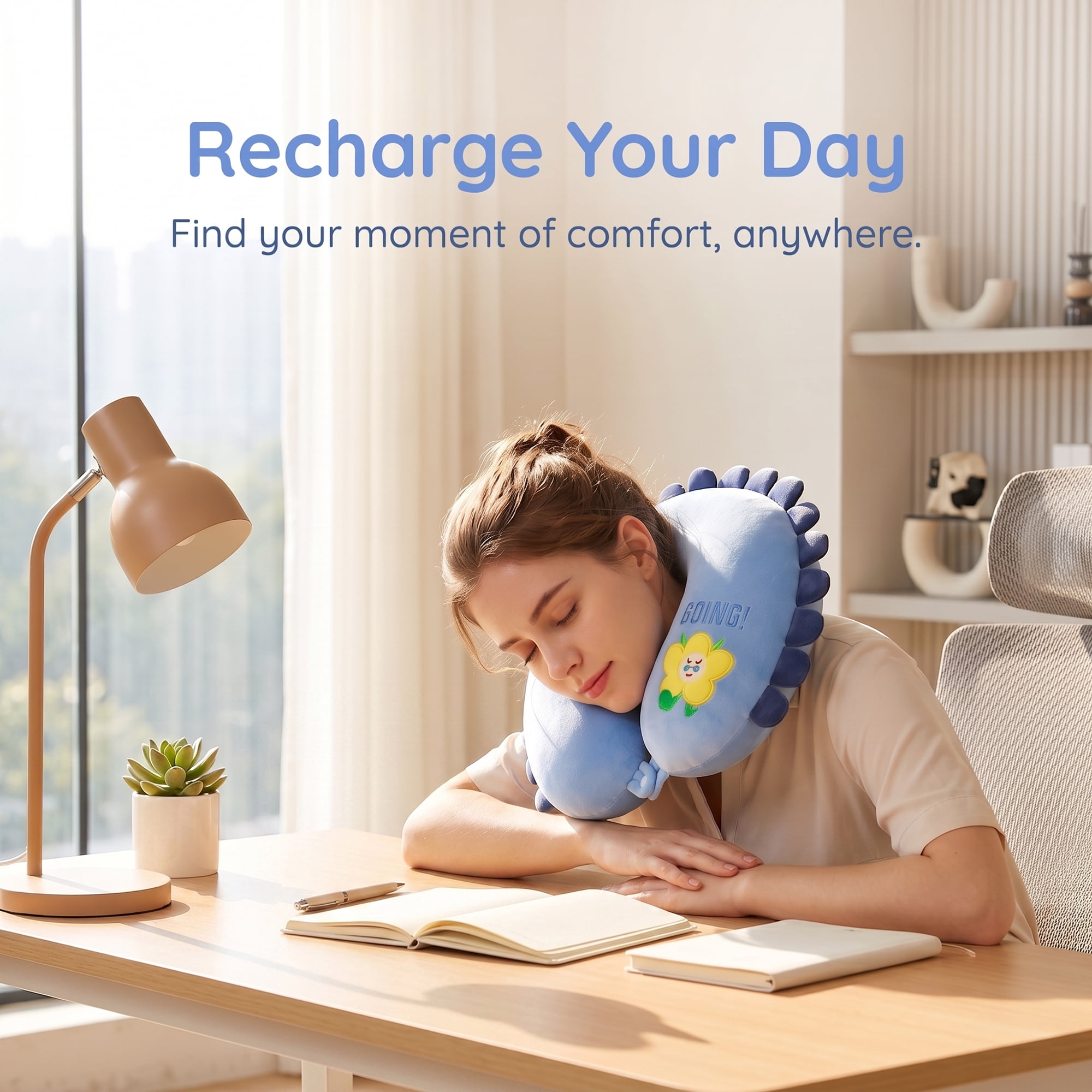 Unique Bargains Memory Foam Neck Pillow U Shape Sunflower Neck Pillow Dark blue 12"x12"