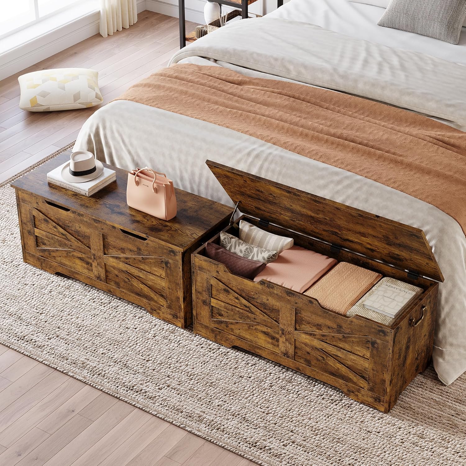 Storage Chest,24.8 In Storage Trunk with Safety Hinges,Wooden Storage Bench,Toy Organizer Box Shoe Bench,Easy Assembly,Storage Bench for Bedroom,Living Room,Entryway