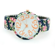 navy blue roses floral print large face easy to read stretch band extension womens watch