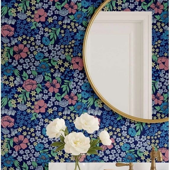 S4Sassy Peel and Stick Wall Covering, Blossom Mix Print Removable Walls Wrap -Blue Instant Makeover Wall Mural for Bathroom, Closet Interior- Self-Adhesive Wallpaper Vinyl -25"x120" inch