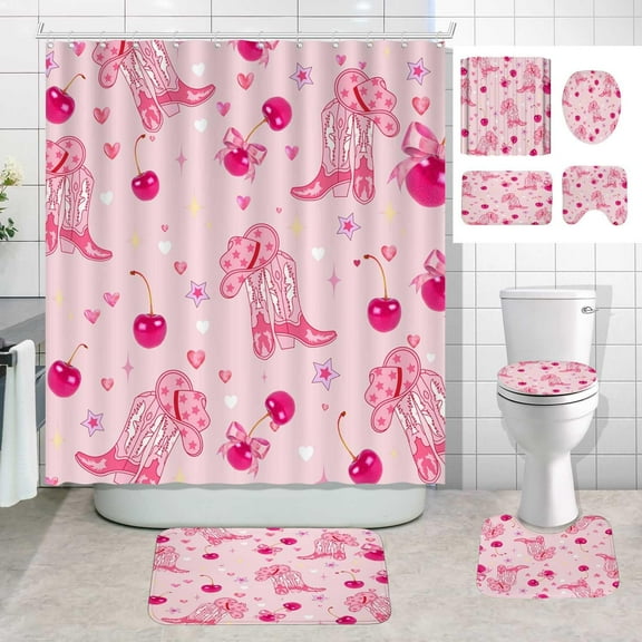 4PCS Western Cowgirl Shower Curtain Sets with Rugs, Waterproof Fabric Pink Shower Curtain, Bow Cherry Cowboy Hot Pink Hat Boots Groovy Funky Preppy Aesthetic Women Teen Girls Bathroom Decor