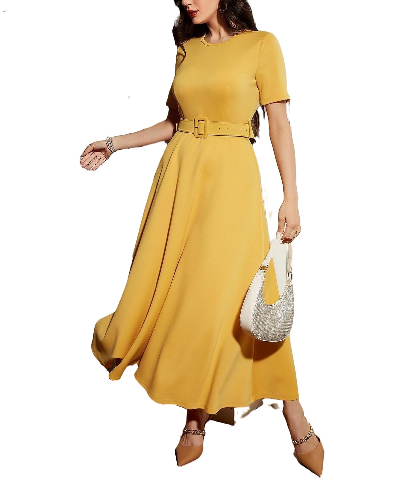 Elegant Round Neck A Line Dress Short Sleeve Yellow Women's Dresses