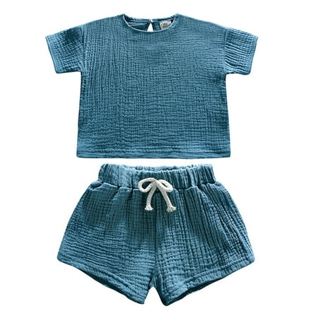 Girls Summer Outfits Tracksuit Summer Solid Short Sleeve T Shirt Shorts Set Baby Girl Clothes Blue 6-7 Years