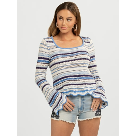 Jessica Simpson Women's Lilianna Cotton Pointelle Sweater with Long Sleeves, Lightweight, Sizes XS-X4