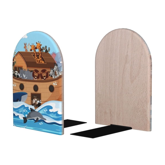 Picia Animals on Noah's Ark Pattern Wood Bookends for Shelves,Non-slip Bookends, Heavy Duty Wooden Bookend Support,1 Pair