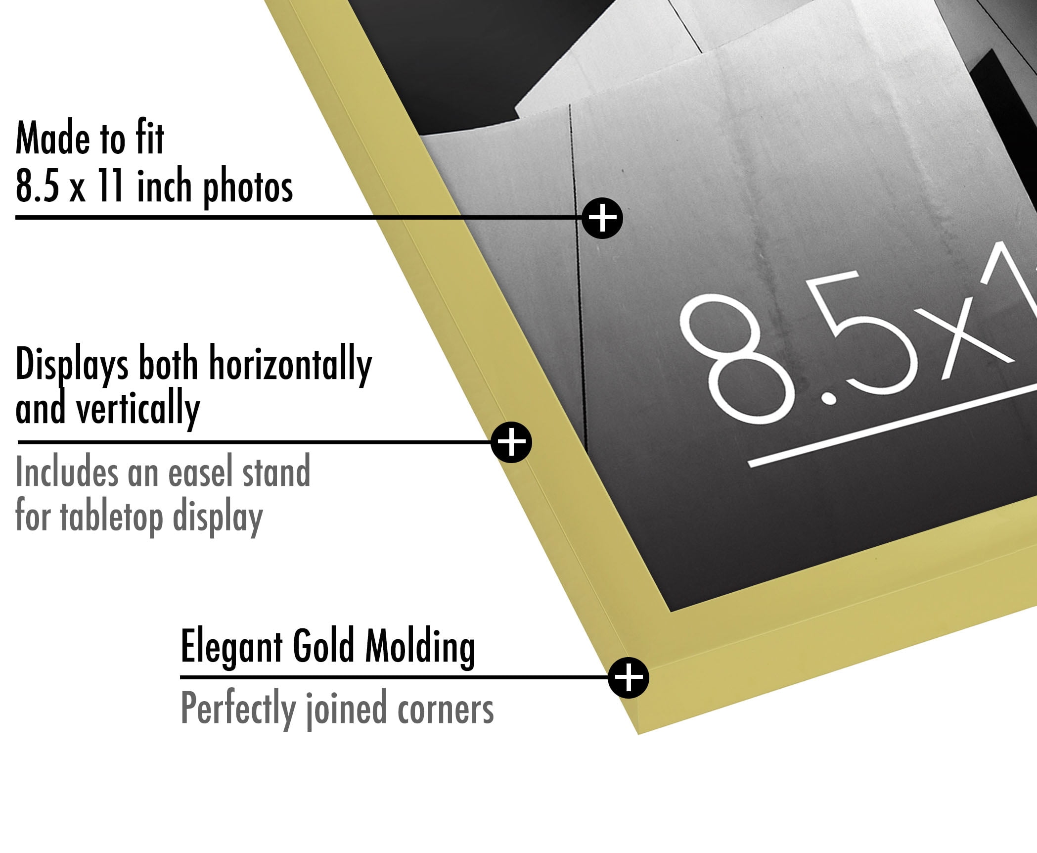 Americanflat 8.5x11 Picture Frame in Gold with Shatter Resistant Glass - Horizontal and Vertical Formats for Wall and Tabletop