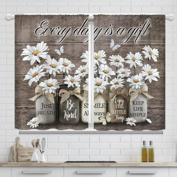 Farmhouse Daisy Floral Kitchen Curtains 26x36 Inch Length Rustic Brown Wooden Curtains Vintage Flower Small Short Cafe Kitchen Curtains Country Bathroom Window Treatment Tiers Drapes 2 Panels
