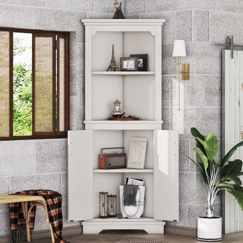 DRNANLIT Tall Corner Cabinet with Doors for living room, bathroom,Dining Room or Kitchen,White
