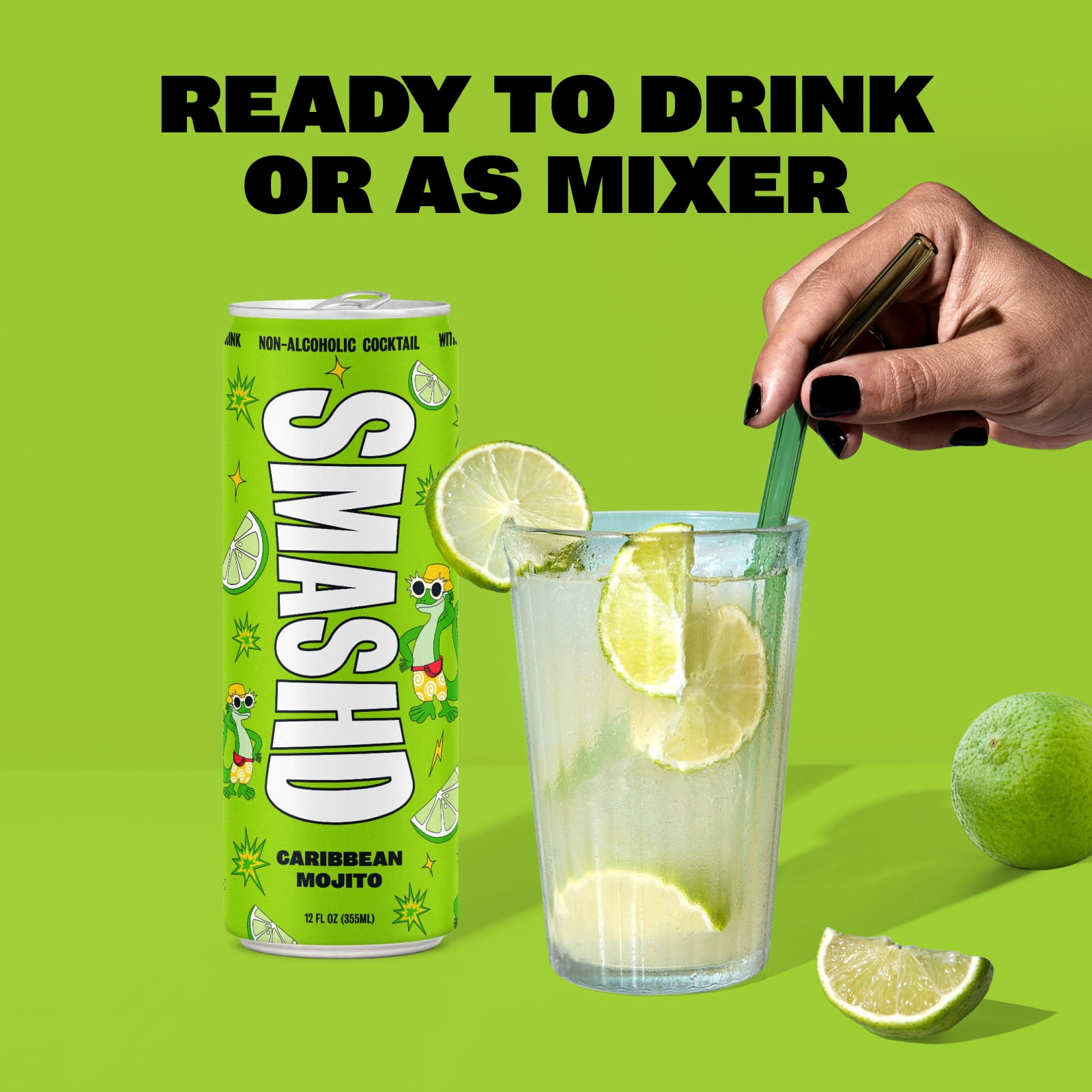 SMASHD Alcohol-Free Mocktails, Non-Alcoholic Beverage Flavored Sparkling Water, Rum alternative No Artificial Flavors, Caffeine-Free, with electrolytes, 12 Oz&nbsp; (Caribbean Mojito, 12 Pack)