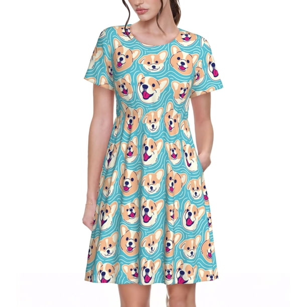 Disketp Cute Corgi Head para Vestido de Manga Corta para Mujeres, Vestidos de Verano para Mujeres, Casual y Holgado para la Playa