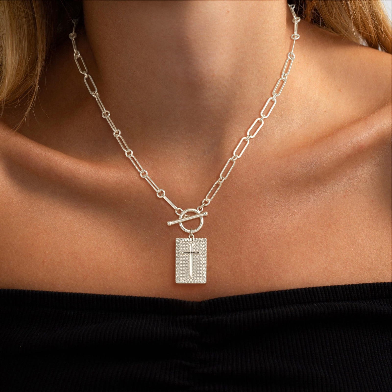 HETICA Chunky Cross Necklace Gold Silver Paperclip Chain Rectangle