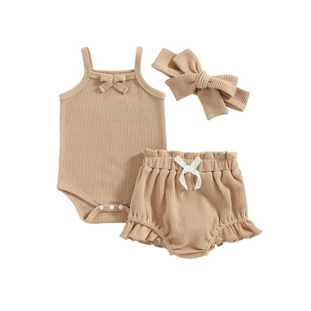 

Xingqing Newborn Baby Girls 3Pcs Summer Outfits Sleeveless Waffle Knit Romper Shorts Headband Clothes Set Khaki 12-18 Months