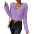 thumbnail image 2 of Women'S Fuzzy Long Sleeve V Neck Crop Sweater Casual Plain Slim Fit Warm Knitwear Sweater Pullovers Purple S, 2 of 8