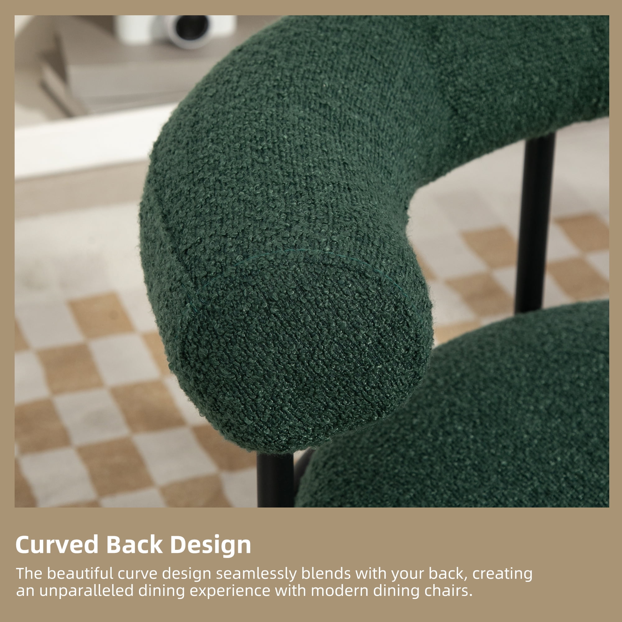 MAYEERTY House Hold Boucle Dining Chairs Set of 2, Mid-Century Modern Curved Backrest Chair, Round Upholstered Kitchen Chairs (Emerald Boucle)
