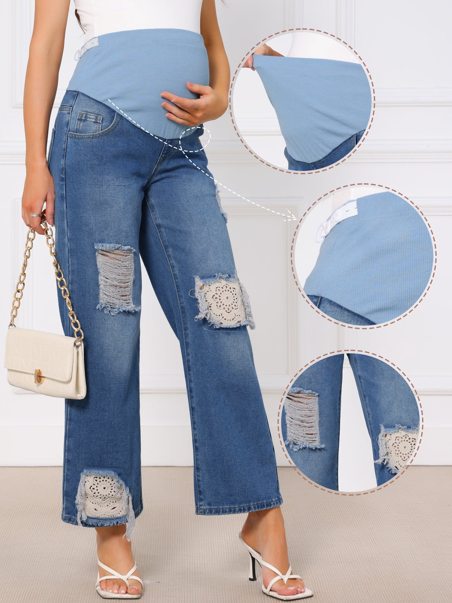 DARING DIVA Women's Maternity Over-the-Belly Ripped Distressed Jeans M Blue