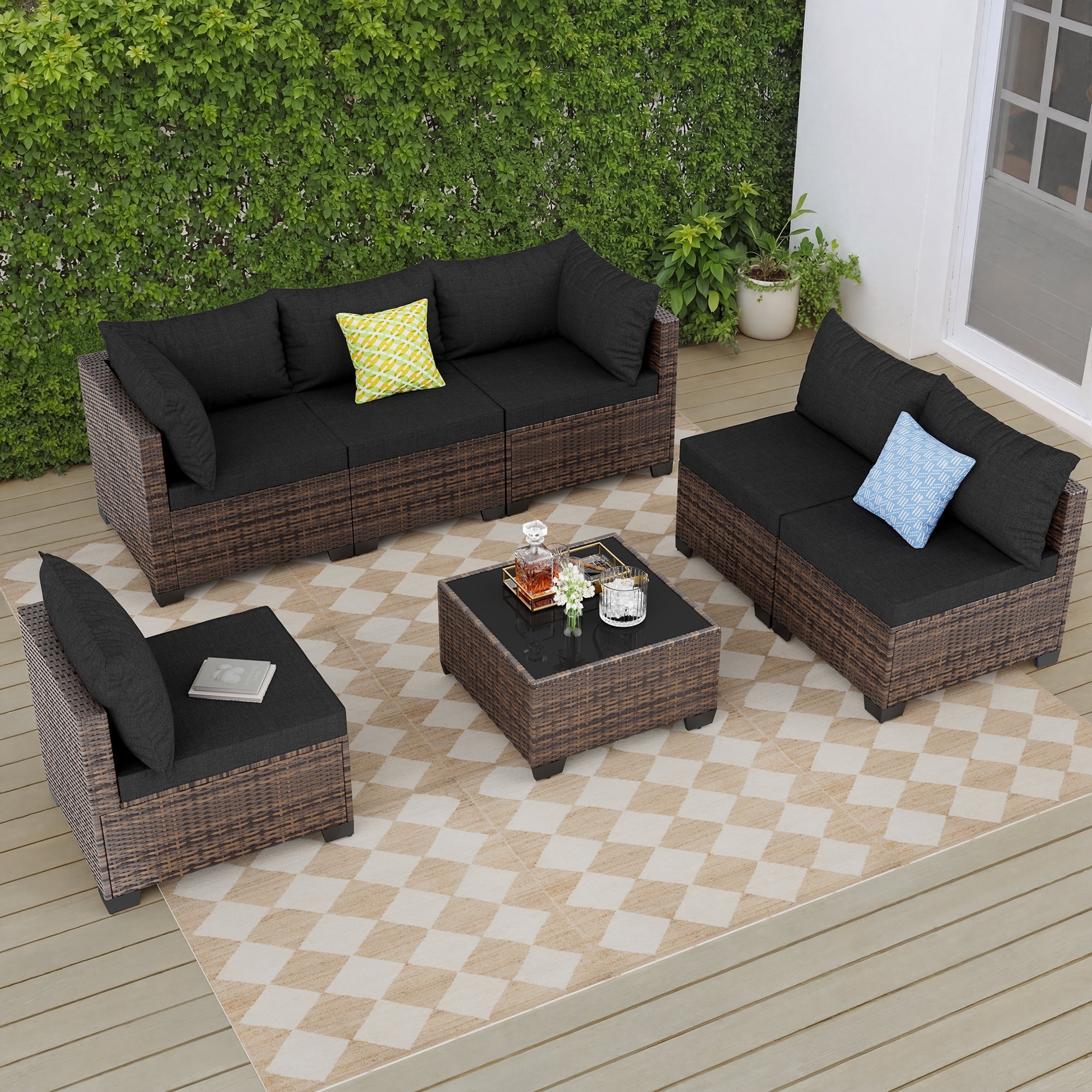 JORVIMAX 7 Piece Patio Furniture Set Outdoor Conversation Sets All-Weather Brown Rattan Wicker Patio Sectional Sofa with Cushions Black
