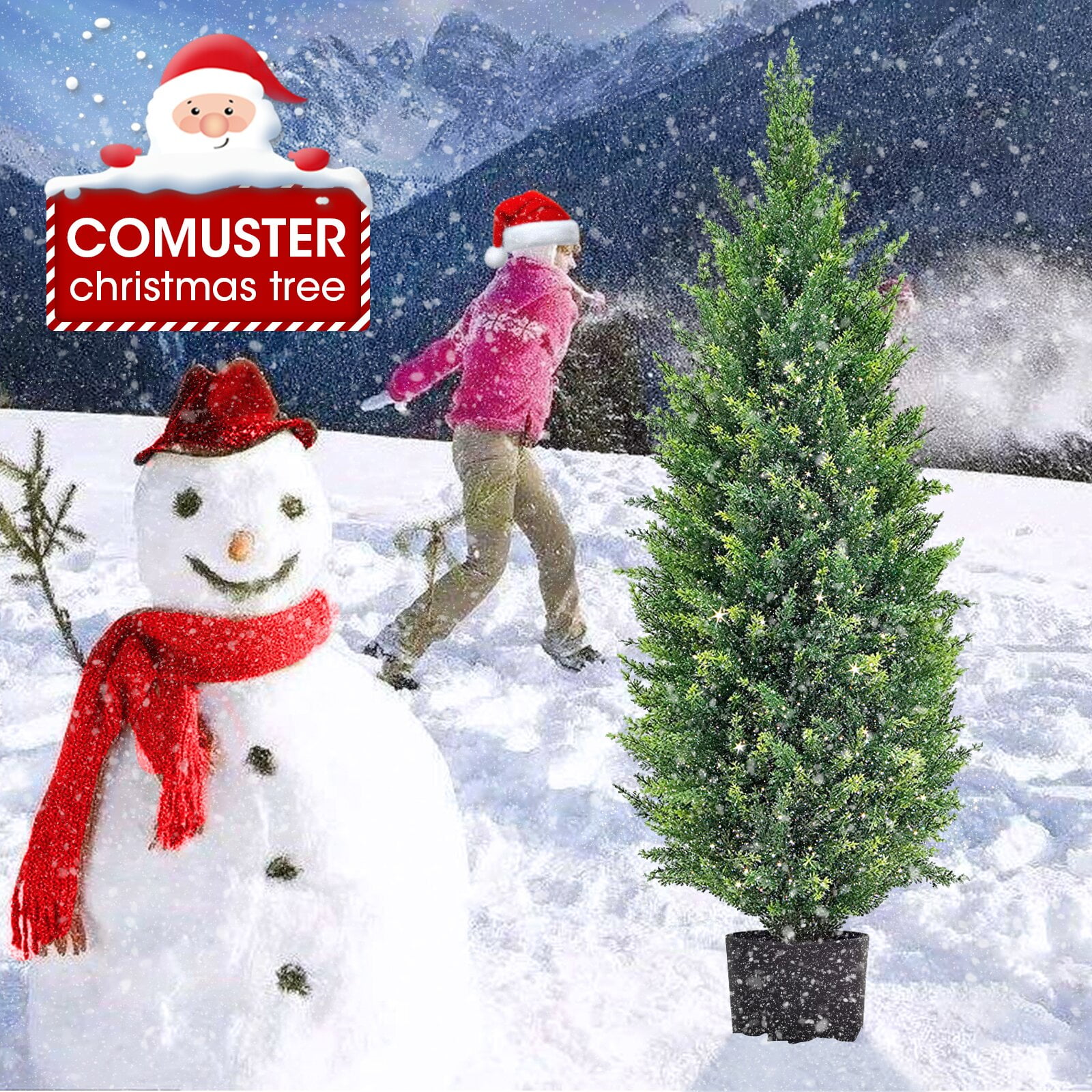 DLD Artificial Cedar Tree 2 Pack 4 ft Indoor/Outdoor Faux Plants for Porch Decor Cedar Plants UV Protected Potted Tree, Artificial Plants Outdoor, Housewarming Gift