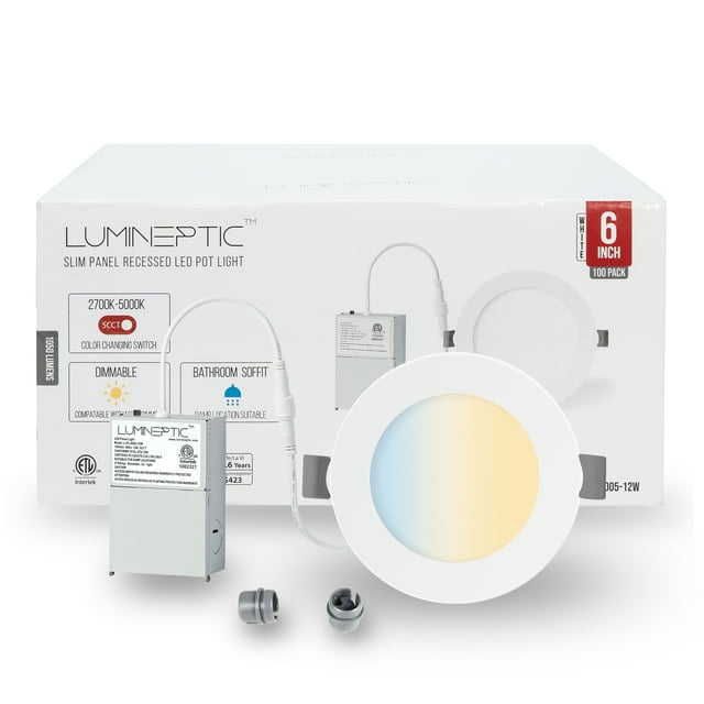 LUMINEPTIC 6 Inch 100 Pack 5CCT Dimmable Slim Recessed LED Pot Lights, Selectable Colors, Bathroom & Damp Locations