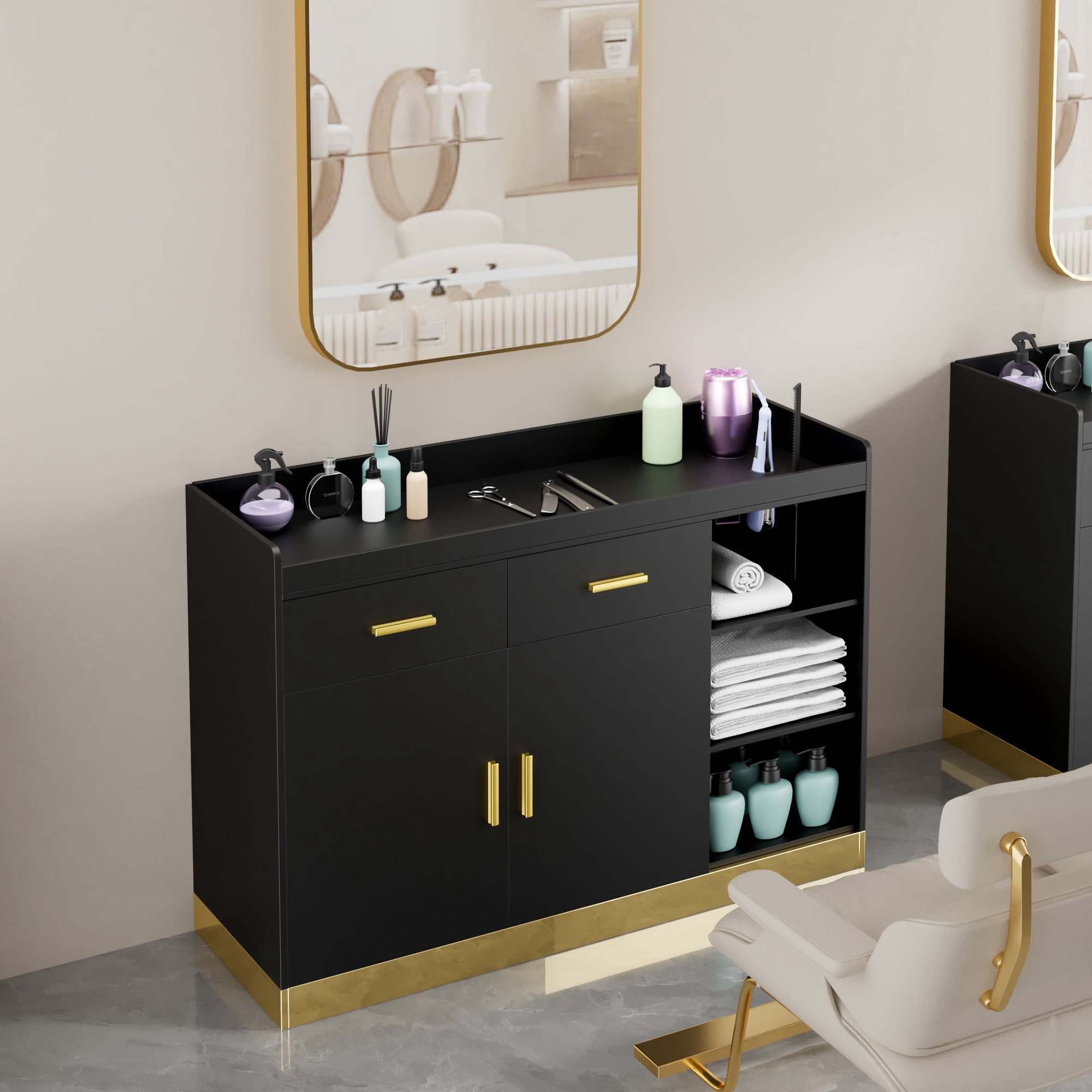 Advwin Freestanding Salon Station Storage Cabinet, Baber Station with Adjustable Shelves & Hair Dryer Holders, Hair Styling Station Beauty Salon Spa Equipment